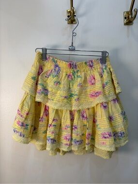 LoveShackFancy Yellow Floral Tiered Mini Skirt
